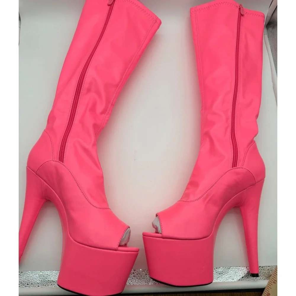 Ellie Neon Pink Peep Toe Platform Boots Knee High Stiletto Heel 11